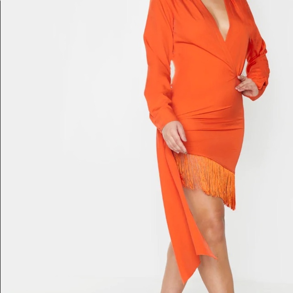 PLT prettylittlething bright orange fringe tassel shirt long sleeve dress - Picture 5 of 6
